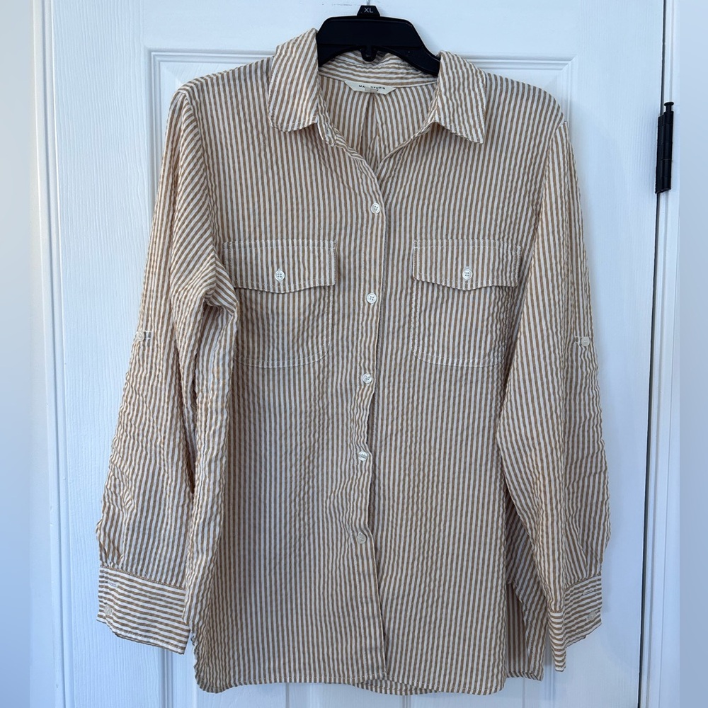 Max Studio Tan and White Striped Seersucker Shirt
